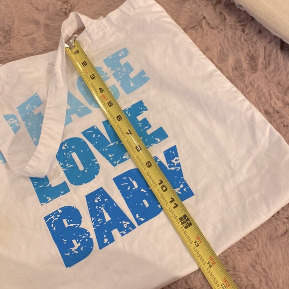 Amy Coe Peace Love Baby blue & white 15” x 14” shoulder handles carry tote bag - Picture 7 of 7